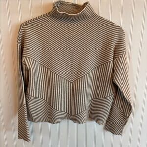 Tahari Women's Chevron Stripe Mock Neck Sweater Beige Minimalist Knit Medium